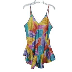 Vintage 80s 90s Babydoll Ruffle Cami Slip L Lingerie Brush Strokes Rainbow Red